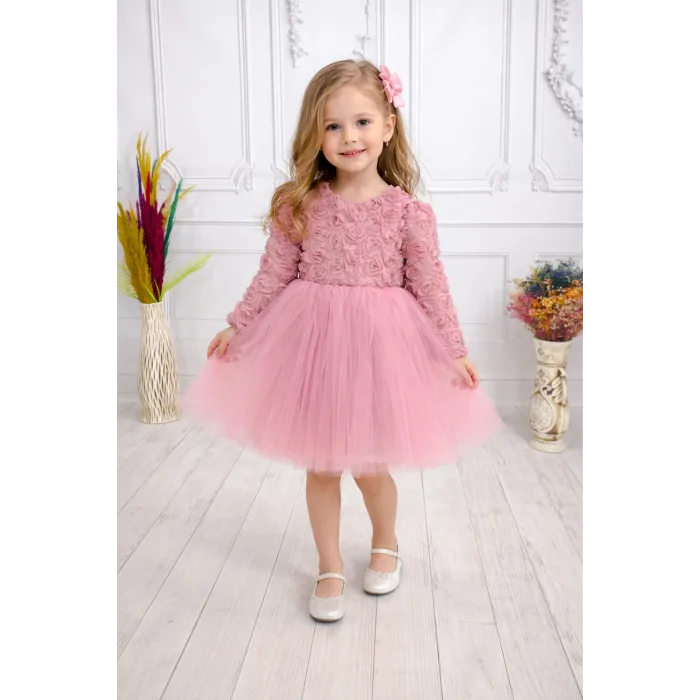 Gül Kurusu Güllü Desenli Kabarık Elbise Gelinlik Abiye