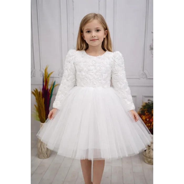 Beyaz Güllü Desenli Kabarık Elbise Gelinlik Abiye