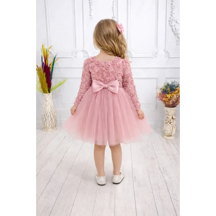 Gül Kurusu Güllü Desenli Kabarık Elbise Gelinlik Abiye