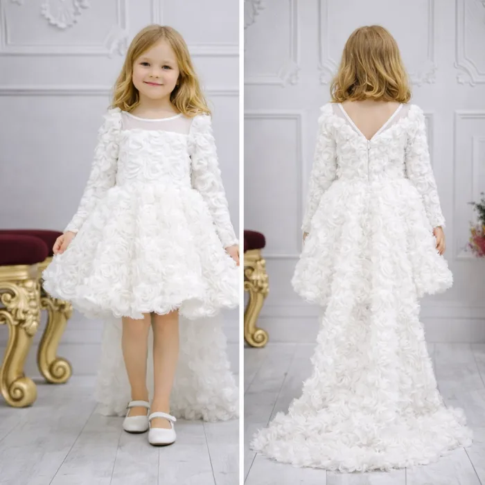 Beyaz Güllü + Kelebek seti Yaka Askılı Uzun Kol Elbise Abiye Gelinlik