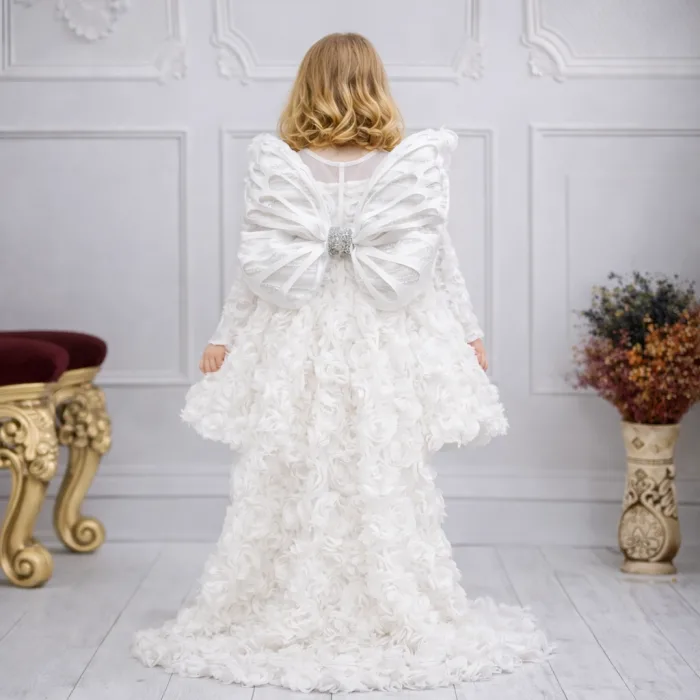 Beyaz Güllü + Kelebek seti Yaka Askılı Uzun Kol Elbise Abiye Gelinlik