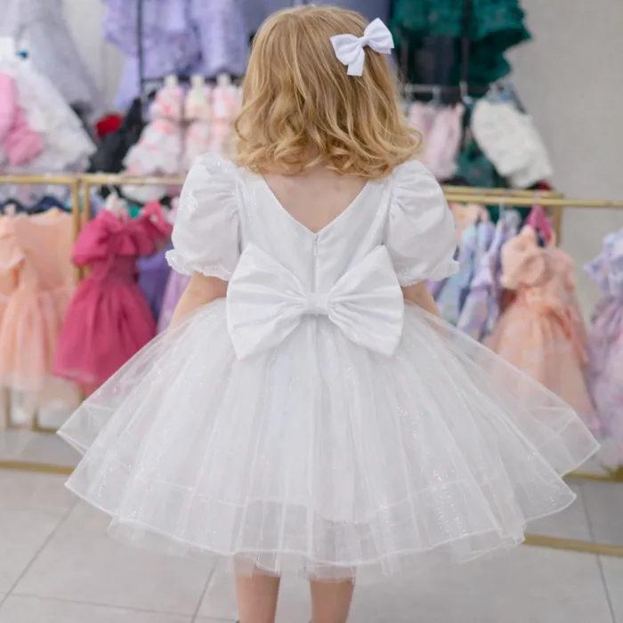 Beyaz Parıltılı Kısa Kol Arkası V Elbise abiye Gelinlik