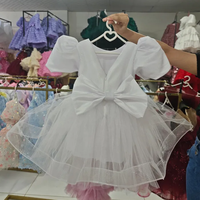 Beyaz Parıltılı Kısa Kol  Arkası V Elbise abiye Gelinlik