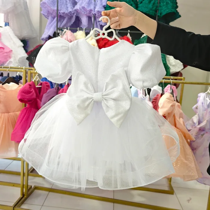 Beyaz Parıltılı Kısa Kol Elbise Abiye Gelinlik