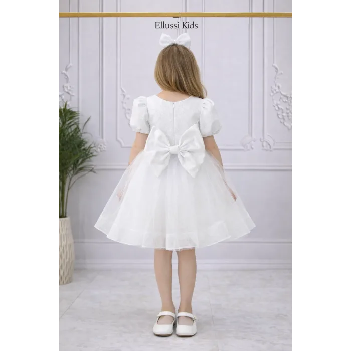 Beyaz Parıltılı Tütülü Kısa Kol Elbise Abiye Gelinlik