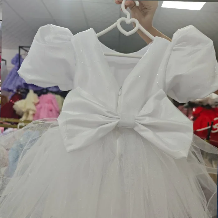 Beyaz Parıltılı Kısa Kol  Arkası V Elbise abiye Gelinlik