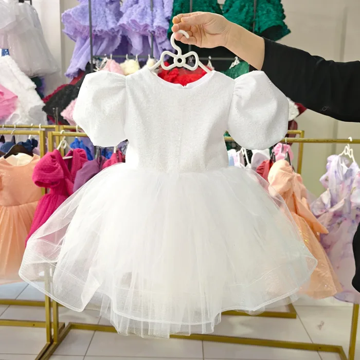 Beyaz Parıltılı Kısa Kol Elbise Abiye Gelinlik