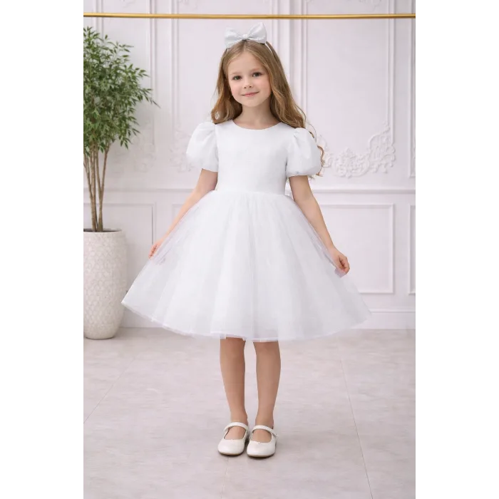 Beyaz Parıltılı Tütülü Kısa Kol Elbise Abiye Gelinlik