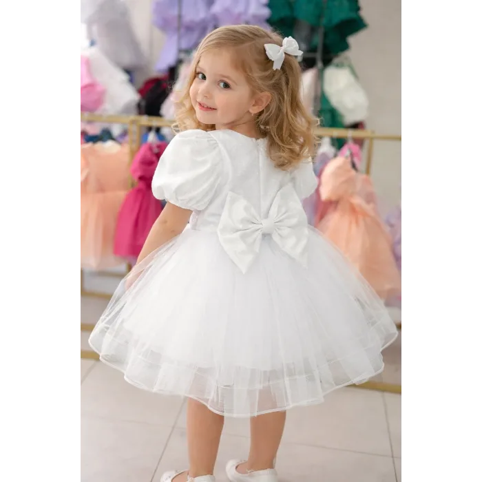 Beyaz Parıltılı Tütülü Kısa Kol Elbise Abiye Gelinlik