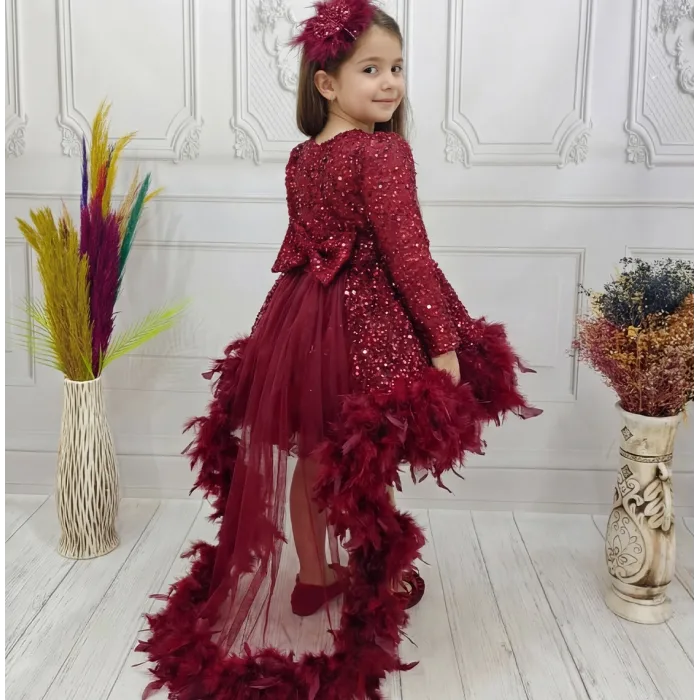 Bordo Gül Taşlı Boncuklu Kuyruklu Uzun Kol Elbise Abiye Gelinlik