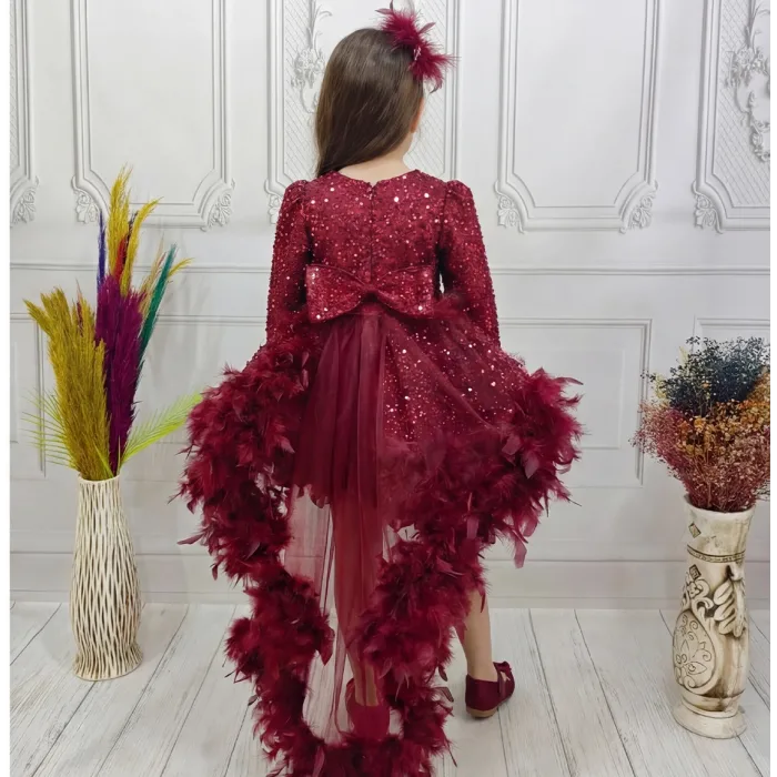 Bordo Gül Taşlı Boncuklu Kuyruklu Uzun Kol Elbise Abiye Gelinlik