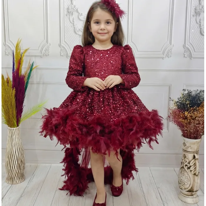 Bordo Gül Taşlı Boncuklu Kuyruklu Uzun Kol Elbise Abiye Gelinlik