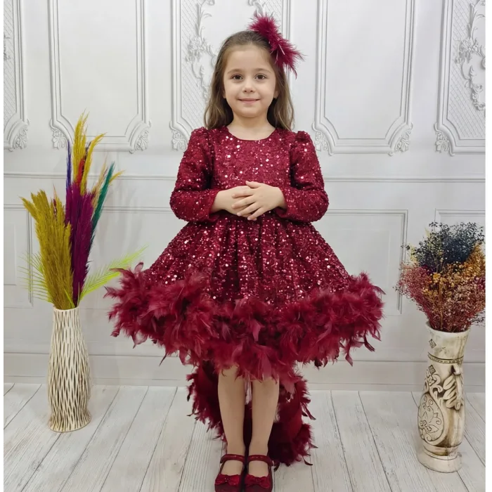 Bordo Gül Taşlı Boncuklu Kuyruklu Uzun Kol Elbise Abiye Gelinlik