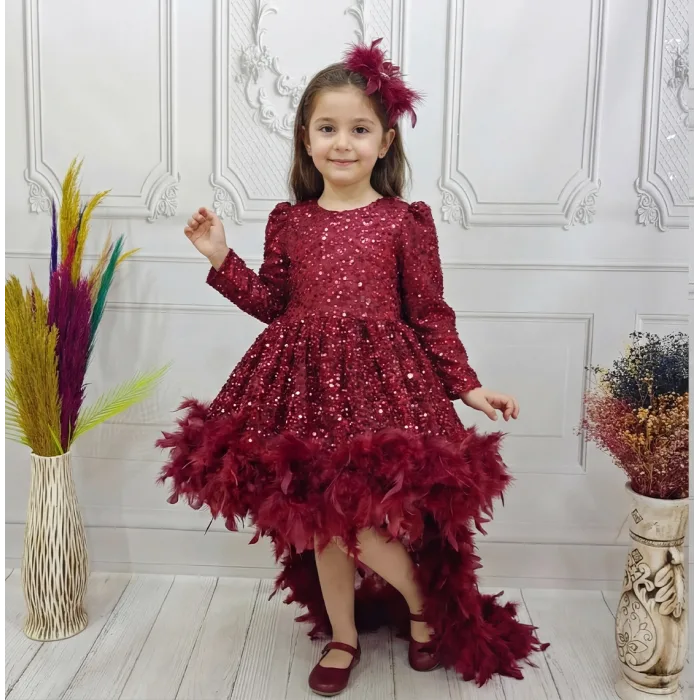 Bordo Gül Taşlı Boncuklu Kuyruklu Uzun Kol Elbise Abiye Gelinlik