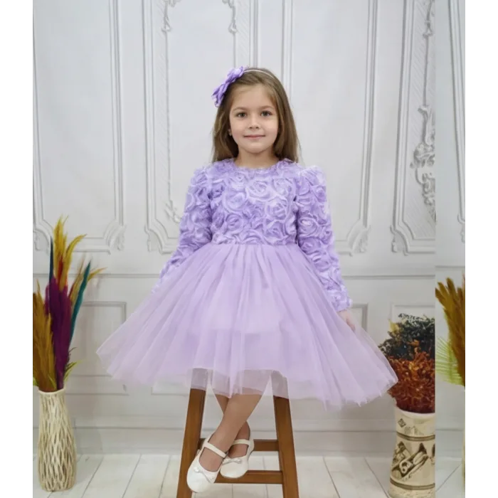 Lila Güllü Desenli Kabarık Elbise Gelinlik Abiye