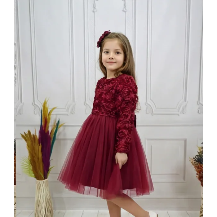 Bordo Güllü Desenli Kabarık Elbise Gelinlik Abiye