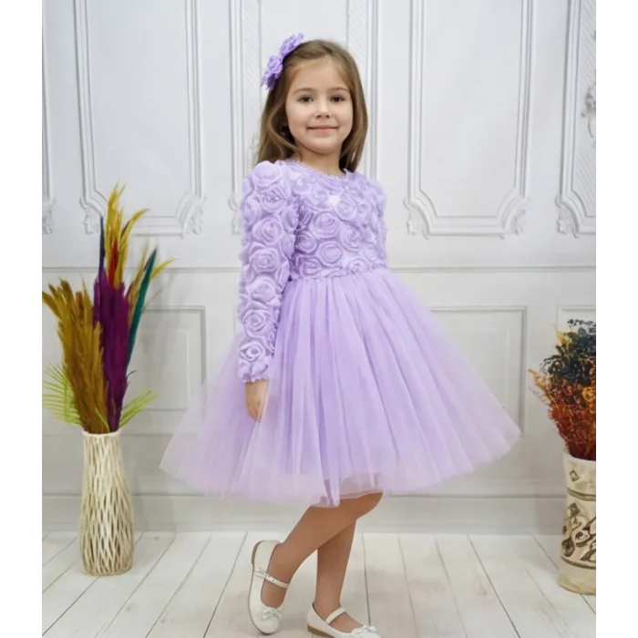 Lila Güllü Desenli Kabarık Elbise Gelinlik Abiye