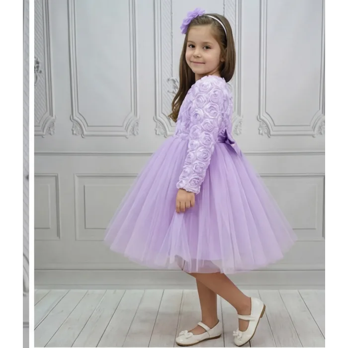 Lila Güllü Desenli Kabarık Elbise Gelinlik Abiye