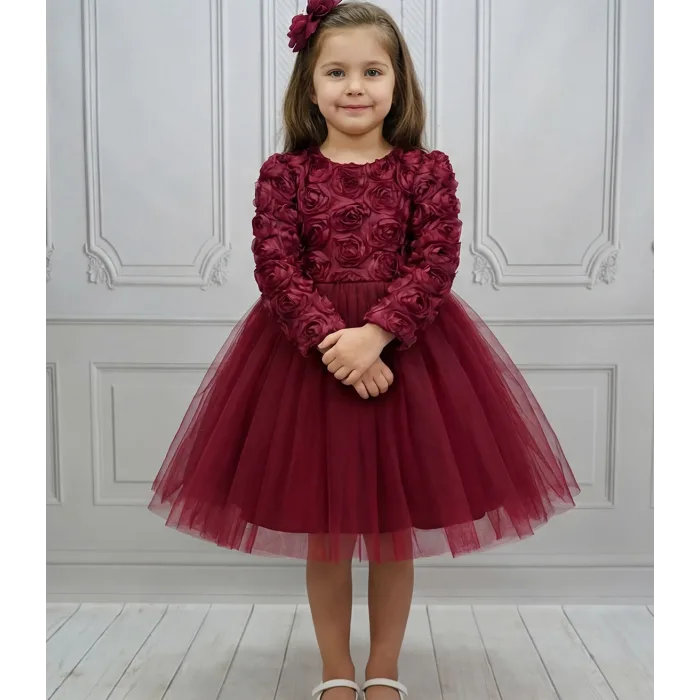 Bordo Güllü Desenli Kabarık Elbise Gelinlik Abiye