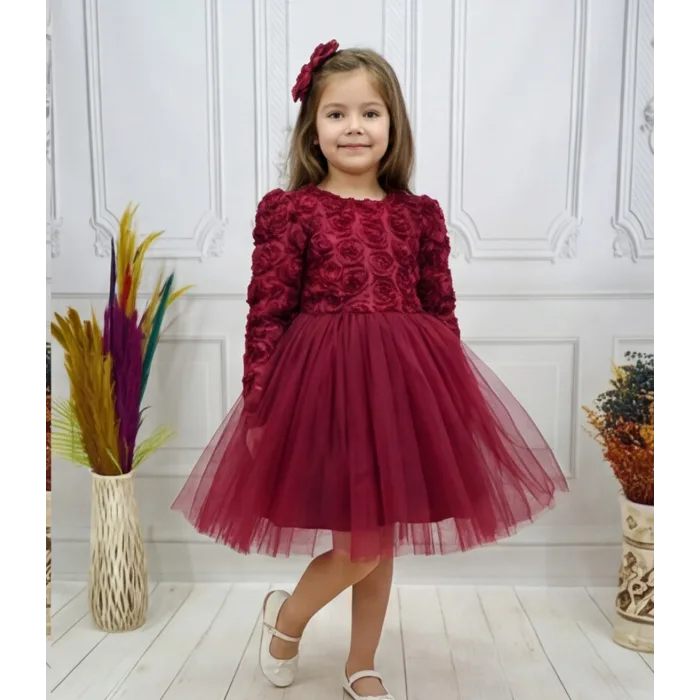 Bordo Güllü Desenli Kabarık Elbise Gelinlik Abiye