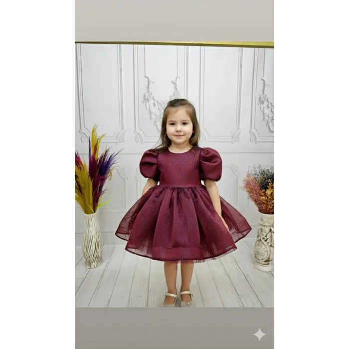 Bordo Kendiliğinden simli Kuyruklu Kısa Kol Elbise Abiye Gelinlik