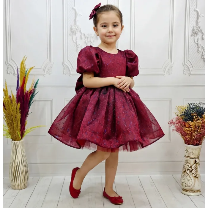 Bordo Kendiliğinden simli Kuyruklu Kısa Kol Elbise Abiye Gelinlik