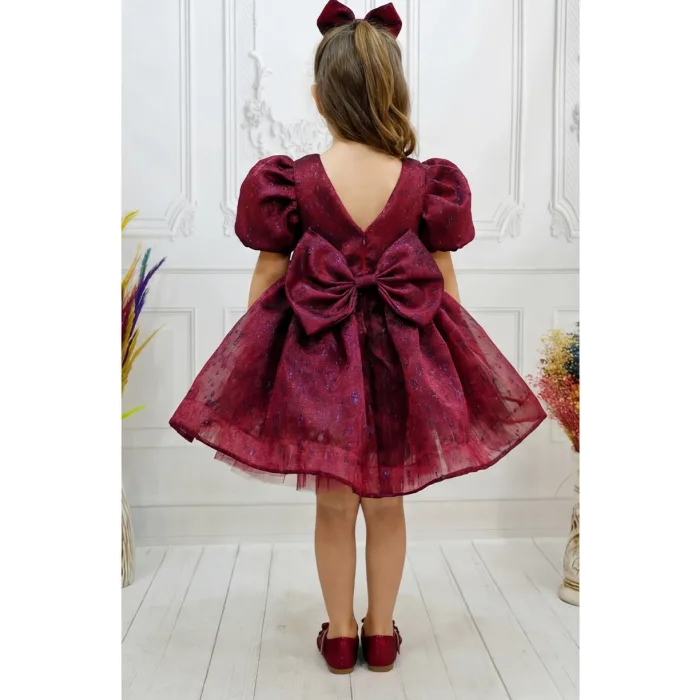 Bordo Kendiliğinden simli Kuyruklu Kısa Kol Elbise Abiye Gelinlik