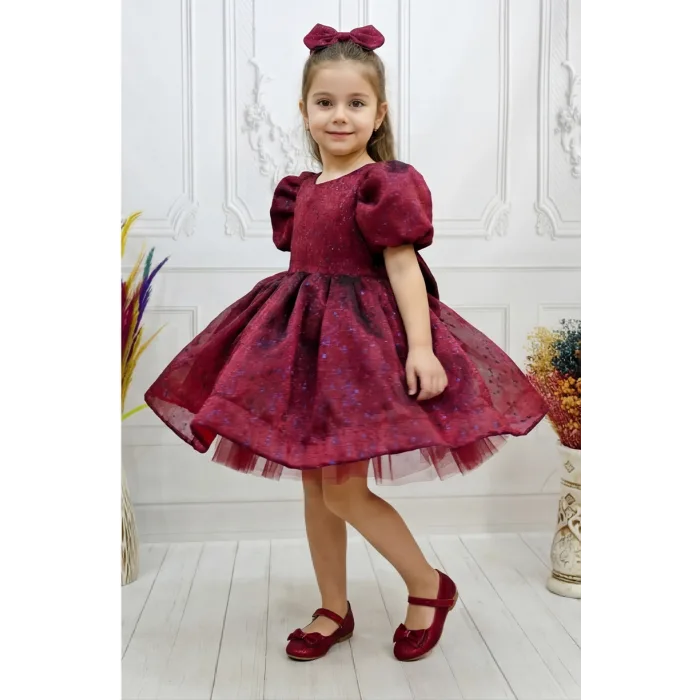 Bordo Kendiliğinden simli Kuyruklu Kısa Kol Elbise Abiye Gelinlik