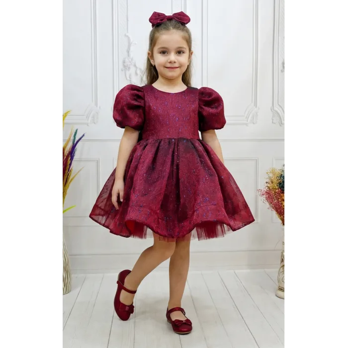 Bordo Kendiliğinden simli Kuyruklu Kısa Kol Elbise Abiye Gelinlik