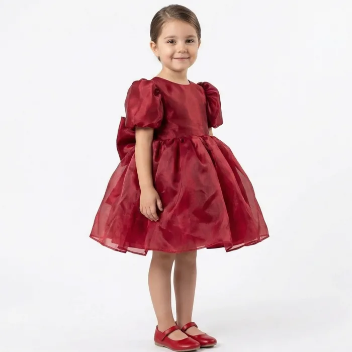 Bordo Organze Kısa Kol Elbise Abiye Gelinlik