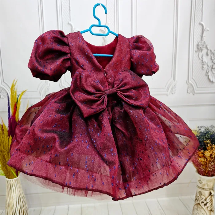 Bordo Kendiliğinden simli Kuyruklu Kısa Kol Elbise Abiye Gelinlik