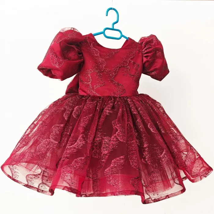 Bordo Parıltılı Desenli Elbise Abiye Gelinlik