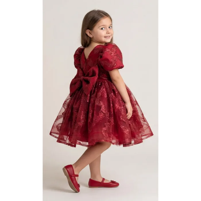 Bordo Parıltılı Desenli Elbise Abiye Gelinlik