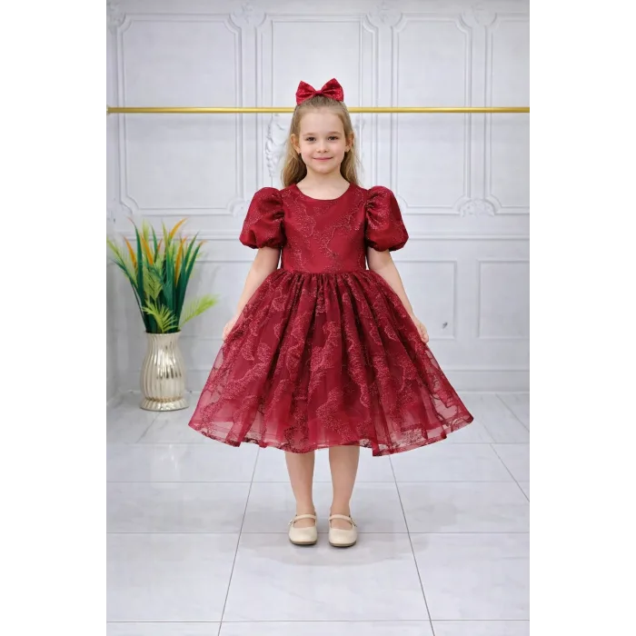 Bordo Parıltılı Desenli Elbise Abiye Gelinlik