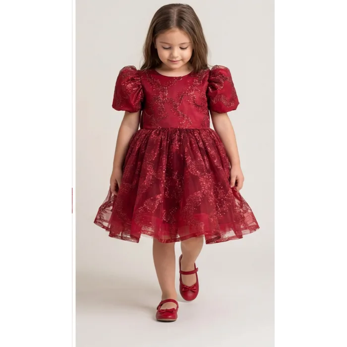 Bordo Parıltılı Desenli Elbise Abiye Gelinlik