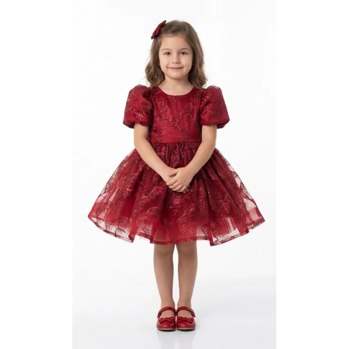 Bordo Parıltılı Desenli Elbise Abiye Gelinlik