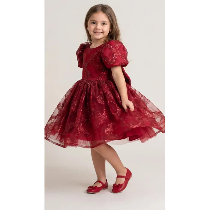 Bordo Parıltılı Desenli Elbise Abiye Gelinlik