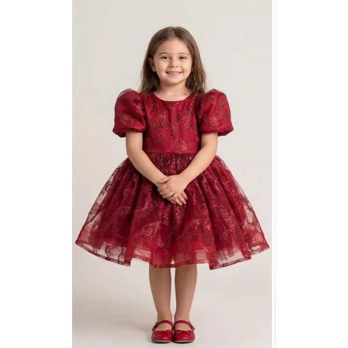 Bordo Parıltılı Desenli Elbise Abiye Gelinlik