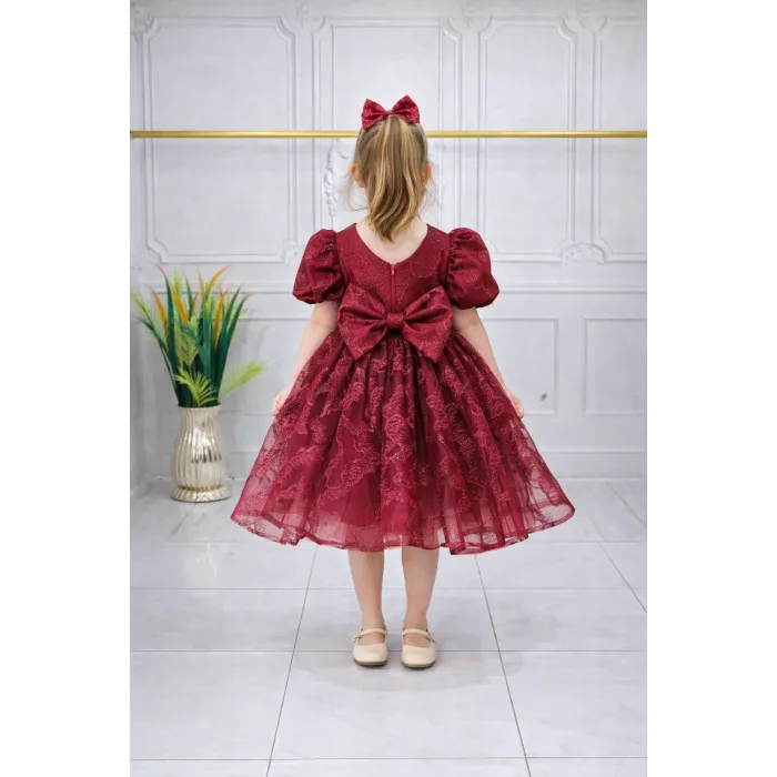 Bordo Parıltılı Desenli Elbise Abiye Gelinlik