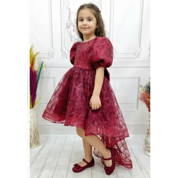 Bordo Parıltılı Kuyruklu Kısa Kol Elbise Abiye Gelinlik