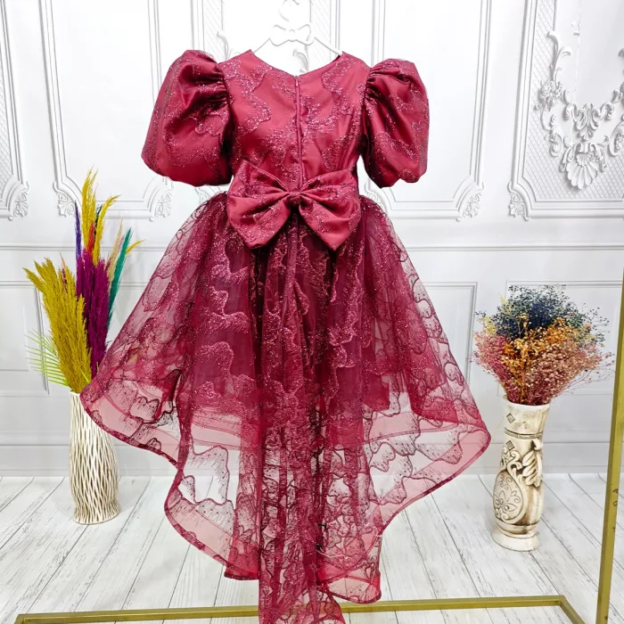 Bordo Parıltılı Kuyruklu Kısa Kol Elbise Abiye Gelinlik