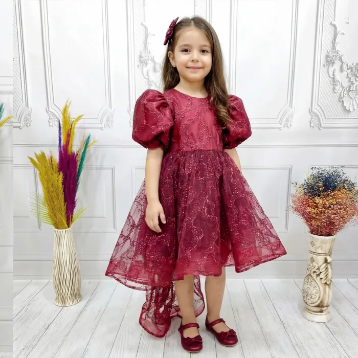 Bordo Parıltılı Kuyruklu Kısa Kol Elbise Abiye Gelinlik