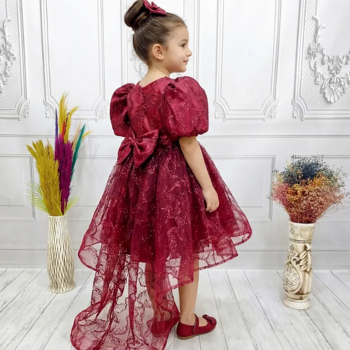 Bordo Parıltılı Kuyruklu Kısa Kol Elbise Abiye Gelinlik