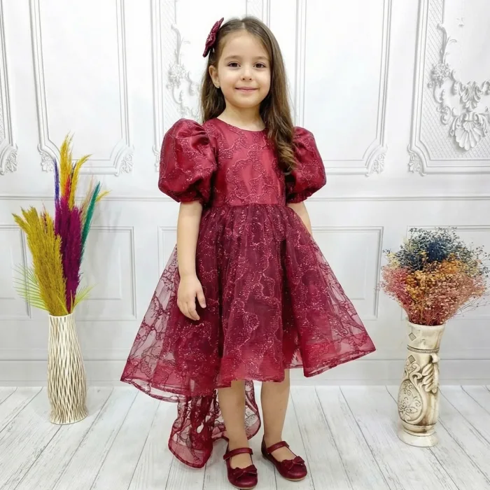 Bordo Parıltılı Kuyruklu Kısa Kol Elbise Abiye Gelinlik