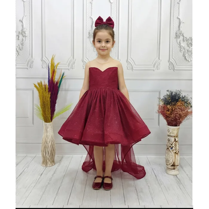 Bordo Parıltılı Kuyruklu Şeffaf Üst Kısa Kol Elbise Abiye