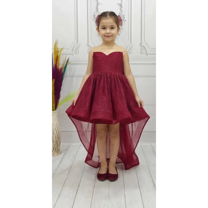 Bordo Parıltılı Kuyruklu Şeffaf Üst Kısa Kol Elbise Abiye