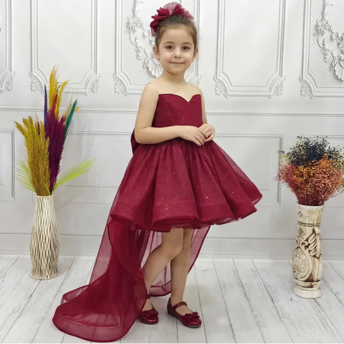 Bordo Parıltılı Kuyruklu Şeffaf Üst Kısa Kol Elbise Abiye