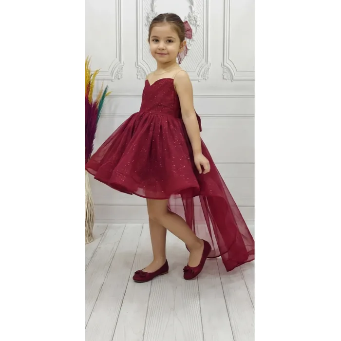 Bordo Parıltılı Kuyruklu Şeffaf Üst Kısa Kol Elbise Abiye