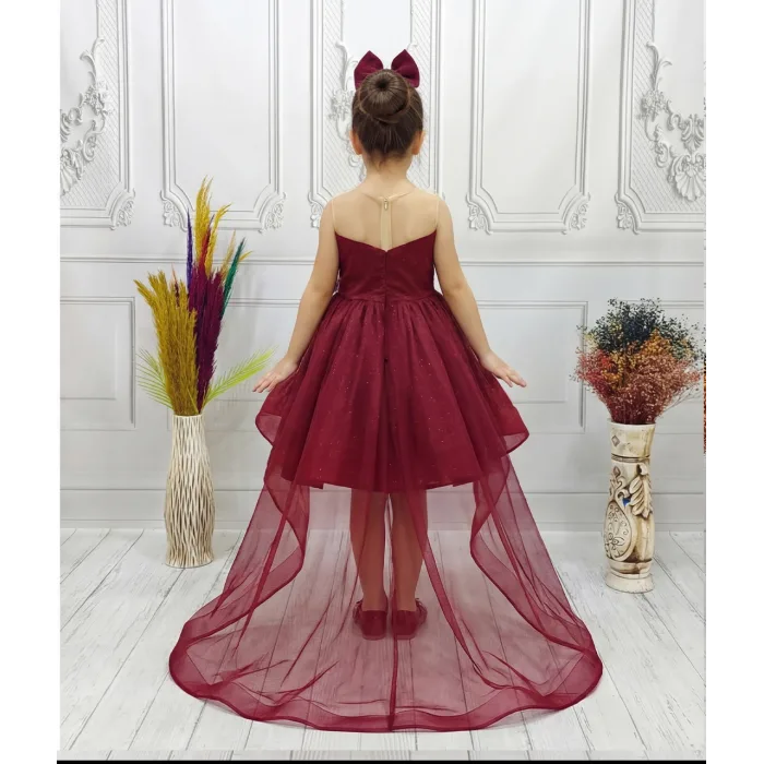 Bordo Parıltılı Kuyruklu Şeffaf Üst Kısa Kol Elbise Abiye