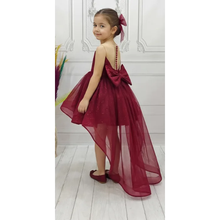 Bordo Parıltılı Kuyruklu Şeffaf Üst Kısa Kol Elbise Abiye